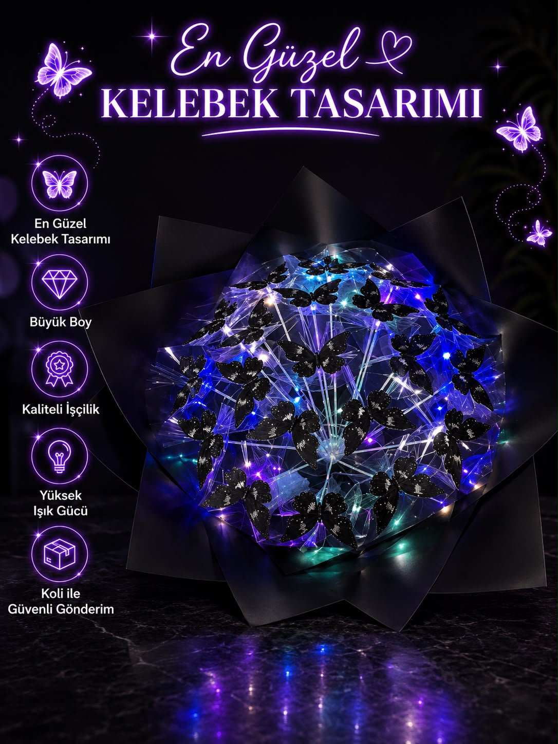 Işıltılı Kelebek Buketi – LED’li Özel Tasarım