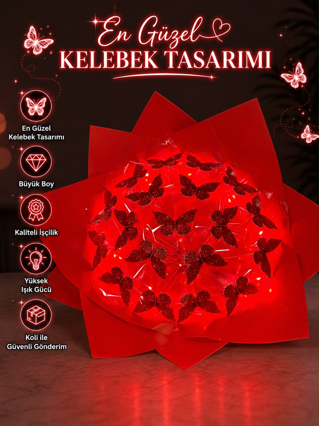 Işıltılı Kelebek Buketi – LED’li Özel Tasarım