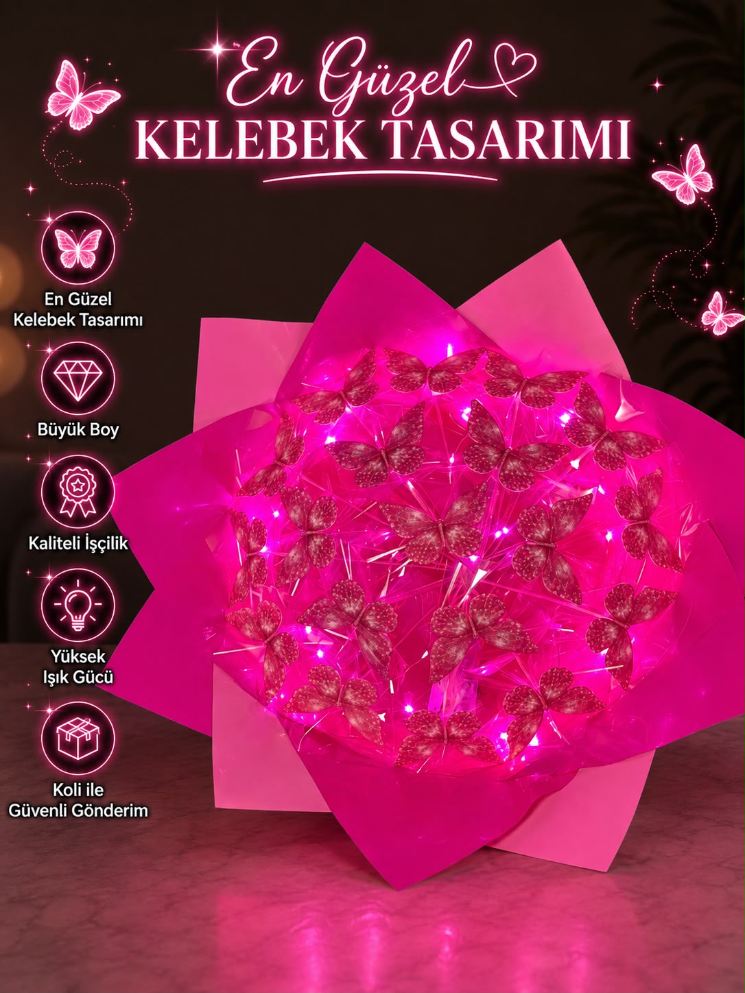 Işıltılı Kelebek Buketi – LED’li Özel Tasarım
