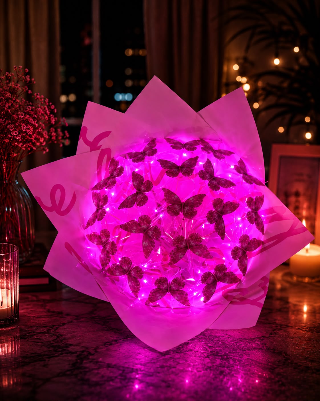 Işıltılı Kelebek Buketi – LED’li Özel Tasarım